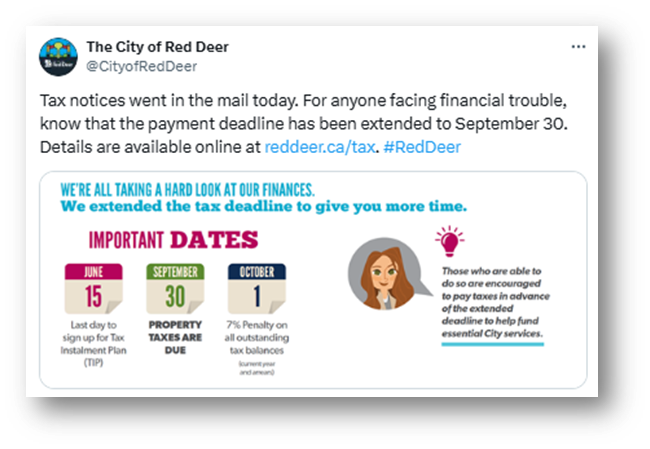 A screenshot of a City of Red Deer social media post announcing that property tax notices have been mailed and that the payment deadline has been extended to September 30, 2020. Below the post text is a graphic titled “We’re all taking a hard look at our finances. We extended the tax deadline to give you more time.” The graphic lists important dates, including June 15 as the last day to sign up for the Tax Installment Plan, September 30 as the property tax due date, and October 1 as the date when a 7 percent penalty applies to outstanding balances. The graphic includes a small illustrated figure and a note encouraging those who are able to pay on time to do so in support of City services, along with the website reddeer.ca/tax.