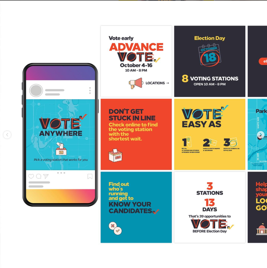 A wide layout showing a series of square social media graphics for the City of Red Deer 2021 Election, arranged in a grid next to a smartphone mock up. The phone screen displays a post reading “Vote Anywhere,” encouraging voters to choose a convenient voting station. Surrounding tiles include messages such as “Advance Vote October 4–16,” “Election Day October 18,” “Don’t Get Stuck in Line,” “Vote Easy As 1 2 3,” “Know Your Candidates,” and “3 Stations, 13 Days.” The graphics use a coordinated colour palette of teal, navy, yellow, red, and white, with bold typography and simple icons.