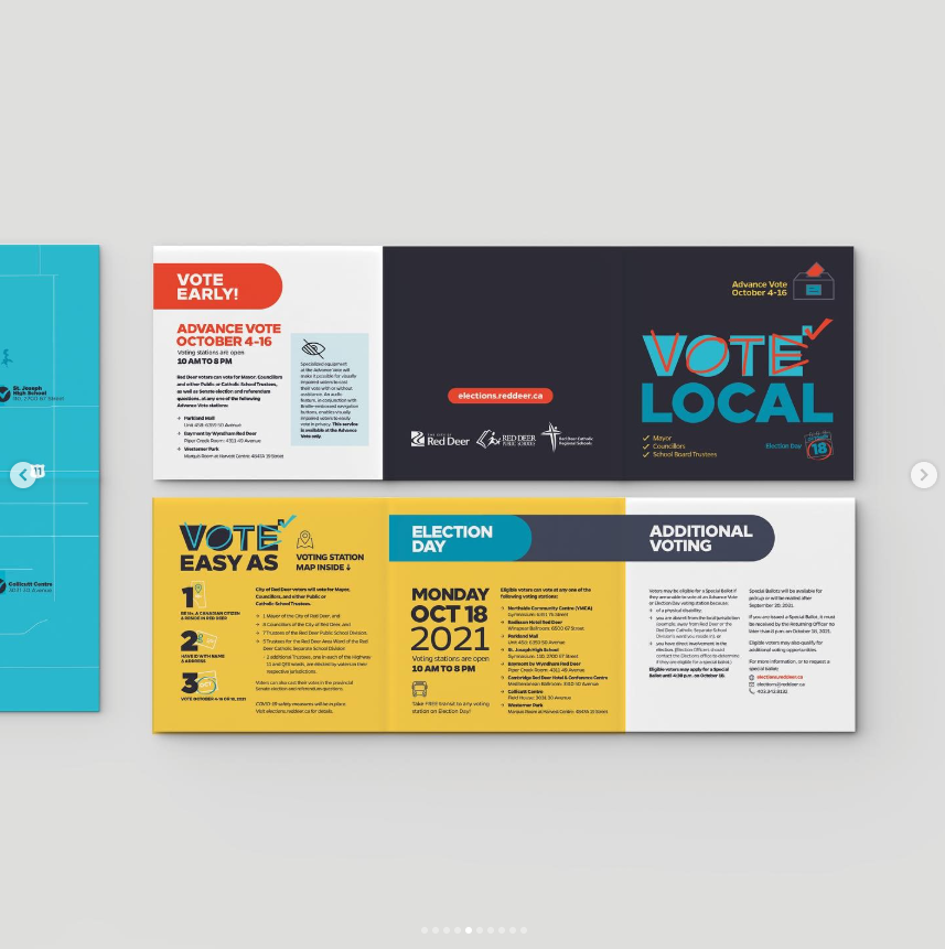 A wide image showing an expanded folded election brochure for the City of Red Deer 2021 Election. The panels include sections titled “Vote Early,” “Vote Local,” “Vote Easy As 1 2 3,” “Election Day Monday Oct 18, 2021,” and “Additional Voting.” Each panel contains step by step instructions, dates, times, and accessibility information, along with icons and bold headings. The layout features strong colour blocks in yellow, teal, dark blue, and white, with the website elections.reddeer.ca and City and school board logos displayed along the bottom.