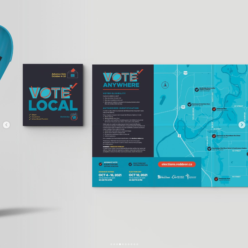 A wide image displaying several printed voter information materials laid out side by side for the City of Red Deer 2021 Election. On the left is a square poster reading “Vote Local,” with icons indicating mayor, councillors, and school board trustees, and a reference to advance voting dates. In the center is a folded brochure opened to pages titled “Vote Anywhere” and “Voter Eligibility,” containing detailed text, icons, and voting dates. On the right is a large teal map showing Red Deer voting locations, landmarks, and roads, with markers indicating polling stations. The materials use a coordinated visual style with teal, navy, yellow, and orange accents and clear wayfinding elements.