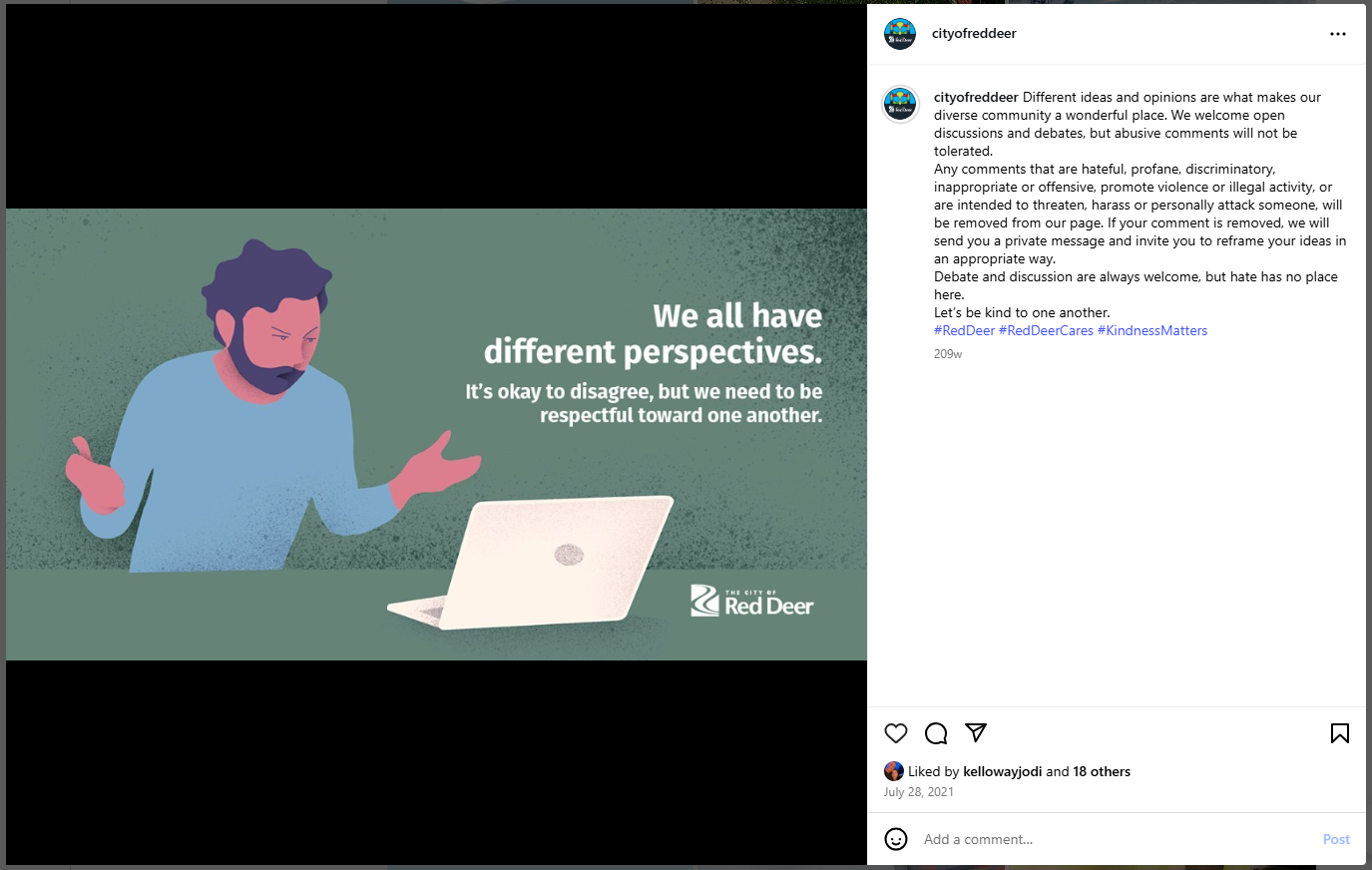 A screenshot of a City of Red Deer Instagram post showing an illustrated graphic on a muted green background. The illustration depicts a person seated at a laptop with hands raised in a conversational gesture. White text reads, “We all have different perspectives. It’s okay to disagree, but we need to be respectful toward one another.” The City of Red Deer logo appears in the lower right corner. The caption beside the image discusses welcoming discussion while not tolerating abusive behaviour.